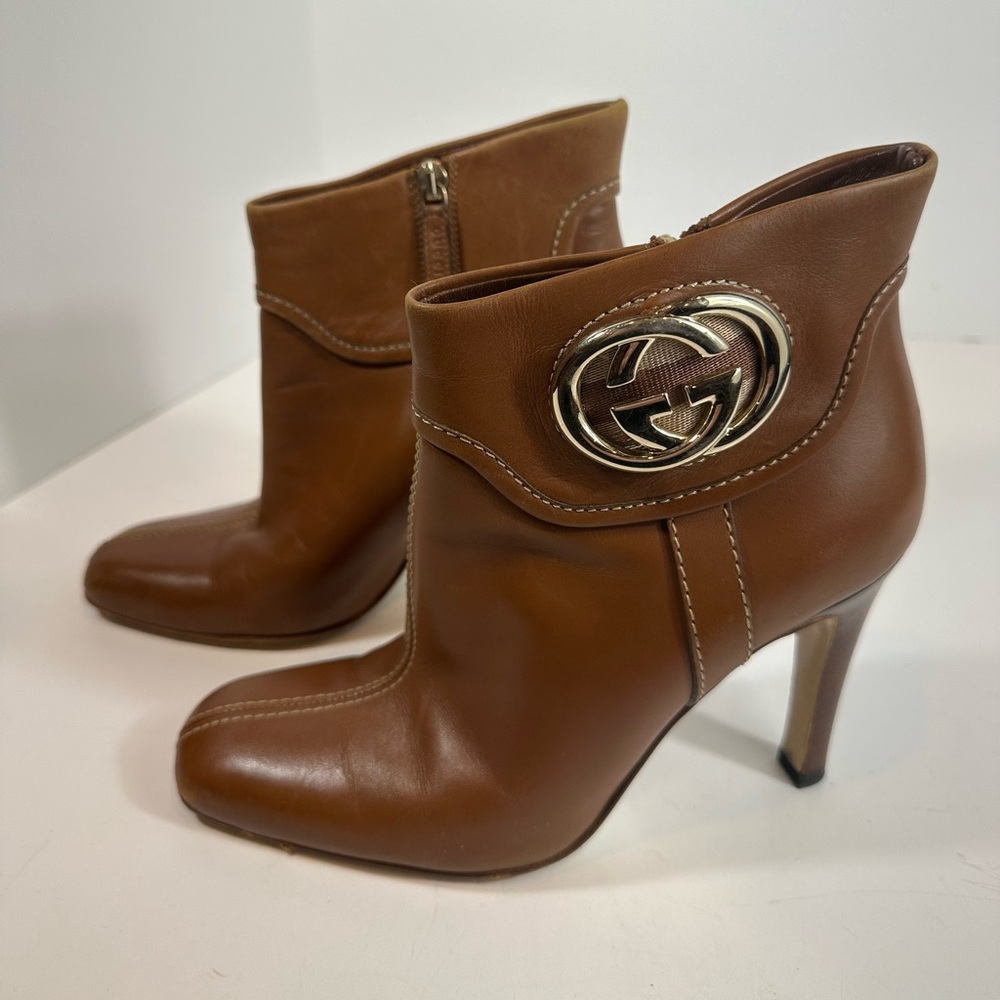 Gucci Brown Leather Interlocking GG Logo Ankle Heeled Boots Size 6 - Picture 5 of 9
